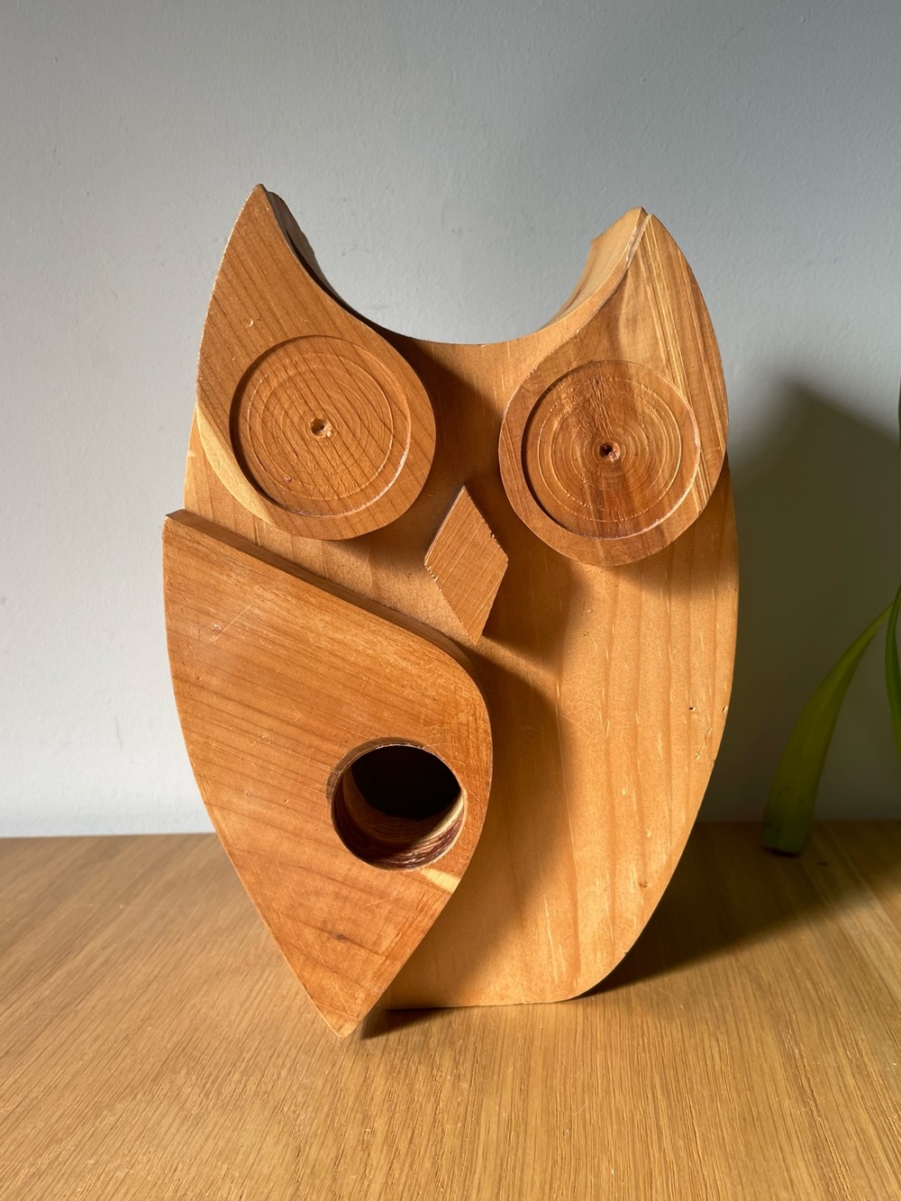 Vintage MCM Handmade Wooden Owl Coin Bank Rustic Decor 8.5”